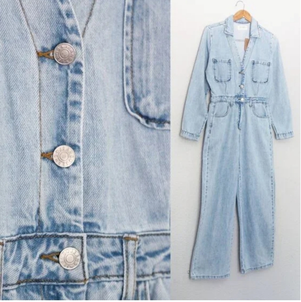 Denim Wide Leg Jumpsuit Bohomien Retro Utility Chic - Picture 5 of 6